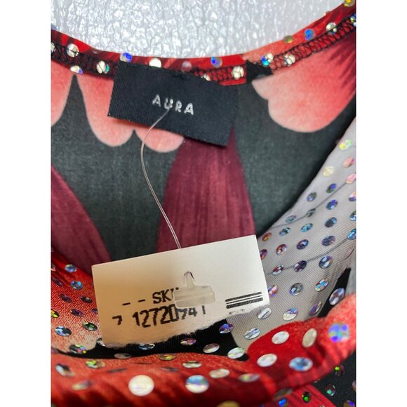 Aura Womens Floral & Polka Dot Sleeveless Top Cowl Neck Small Bling Red Sexy Hot - Picture 4 of 4